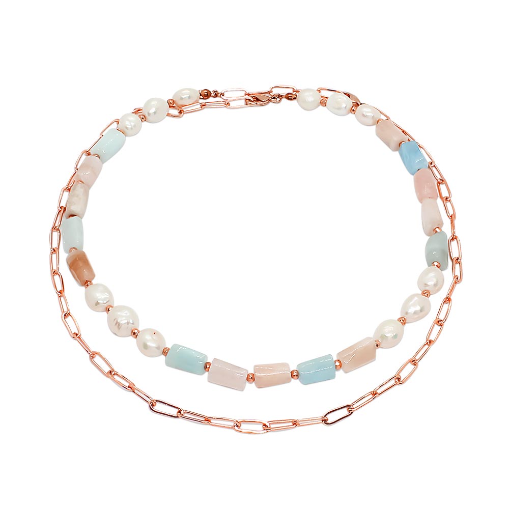Aimee freshwater pearl and stone multi-way necklace two layered on white background