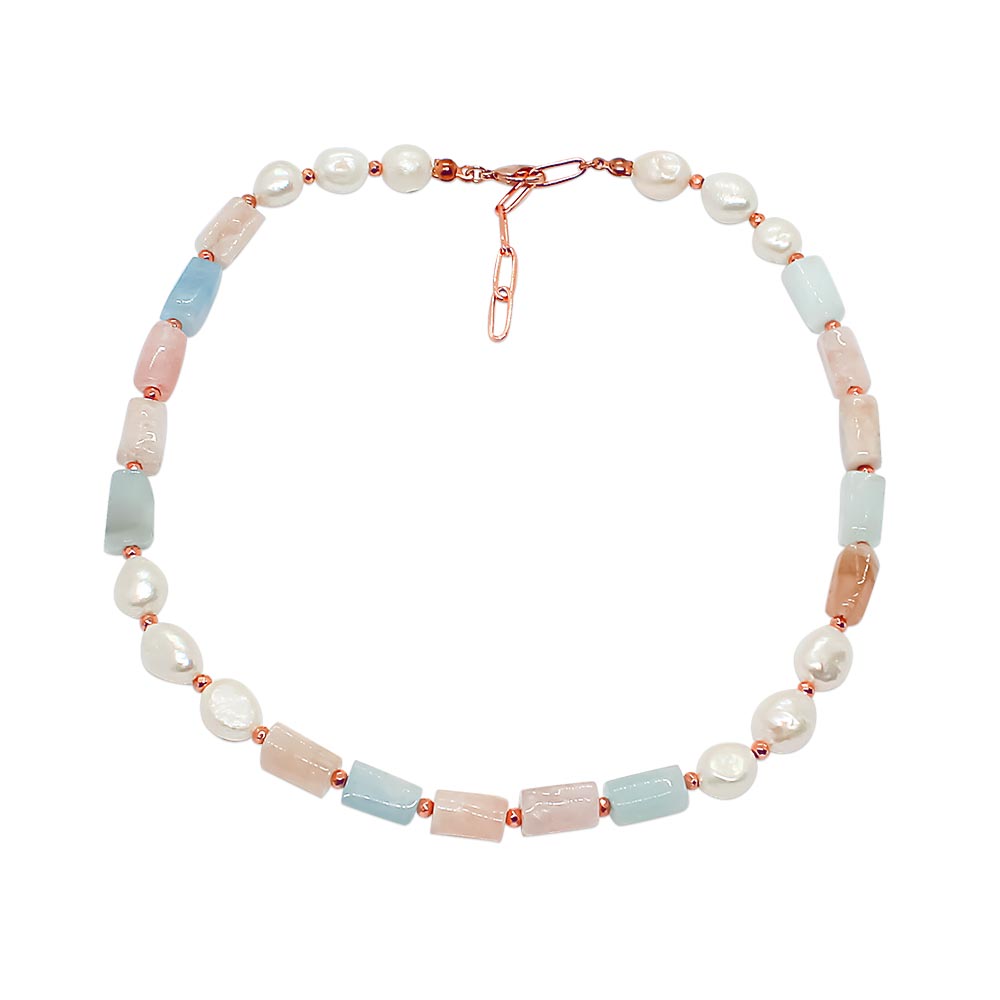 Aimee freshwater pearl and stone multi-way necklace beaded strand necklace on white background.