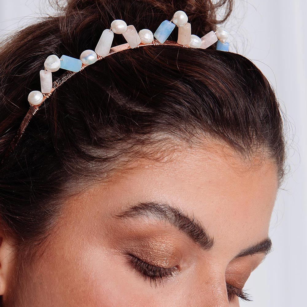 Aimee natural multi-stone and pearl crown headband close up