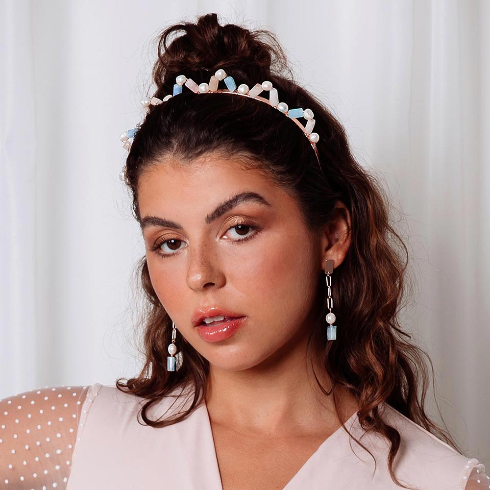 Aimee natural multi-stone crown headband pink bridesmaid style.