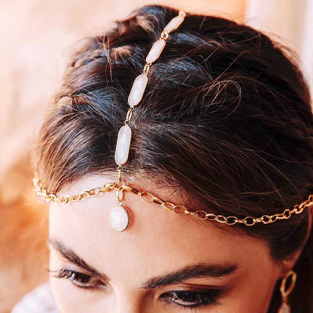 Azaria white crystal gold head chain above head view