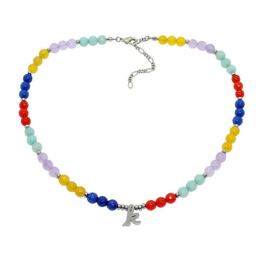 Bianka beaded multicolour stone initial necklace with letter k on white background