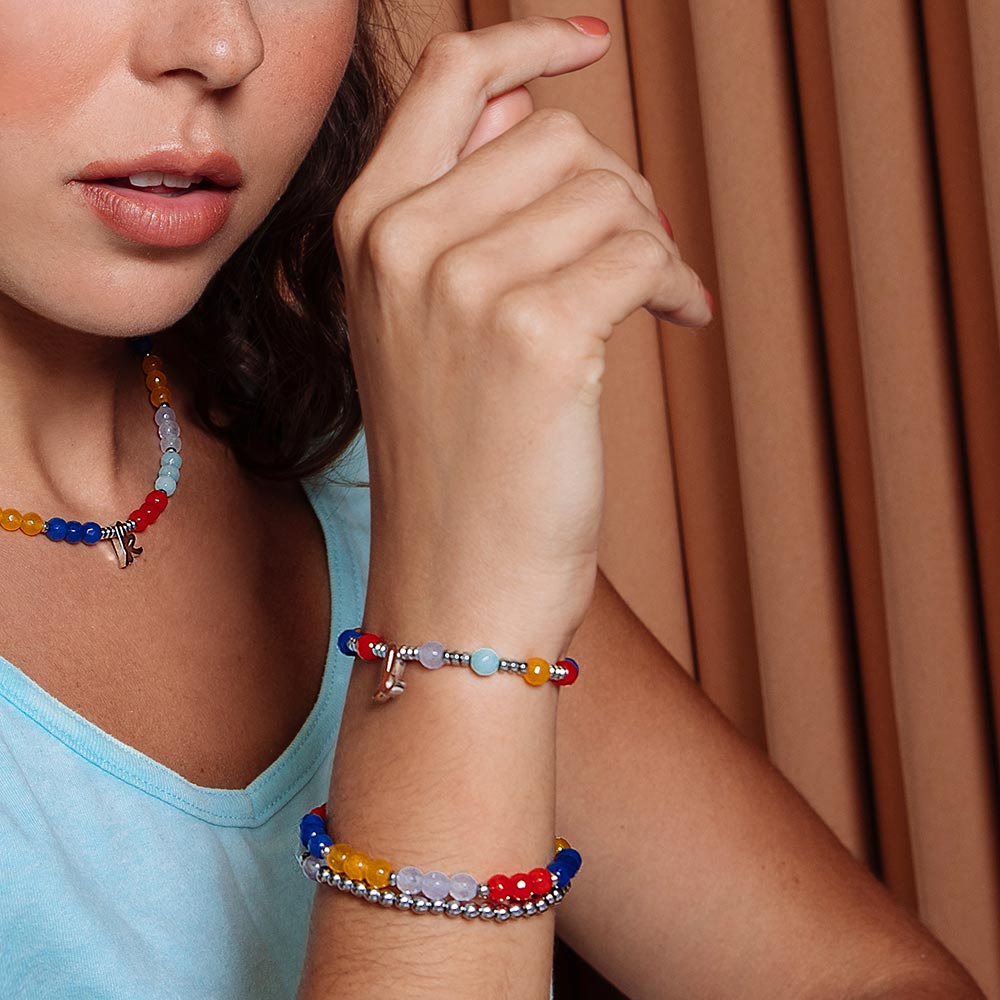 Bianka beaded stone bracelet set with initials layered on right hand up