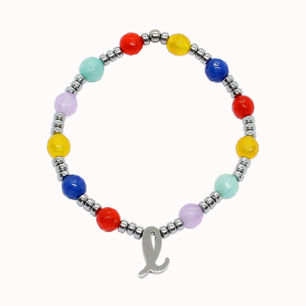 Bianka beaded stone bracelet set with initials single style with L initials on white background