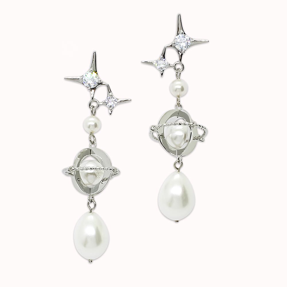 Duchess celestial silver and pearl drop earrings on white background