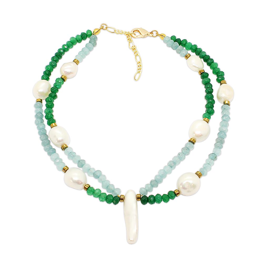 Halley colourful stone and pearl anklet in aquamarine and emerald with gold on white background