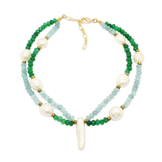 Halley colourful stone and pearl anklet in aquamarine and emerald with gold on white background