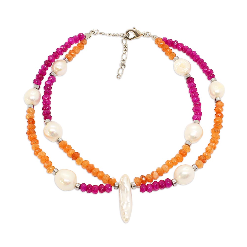 Halley colourful stone and pearl anklet in orange and fuchsia with silver on white background