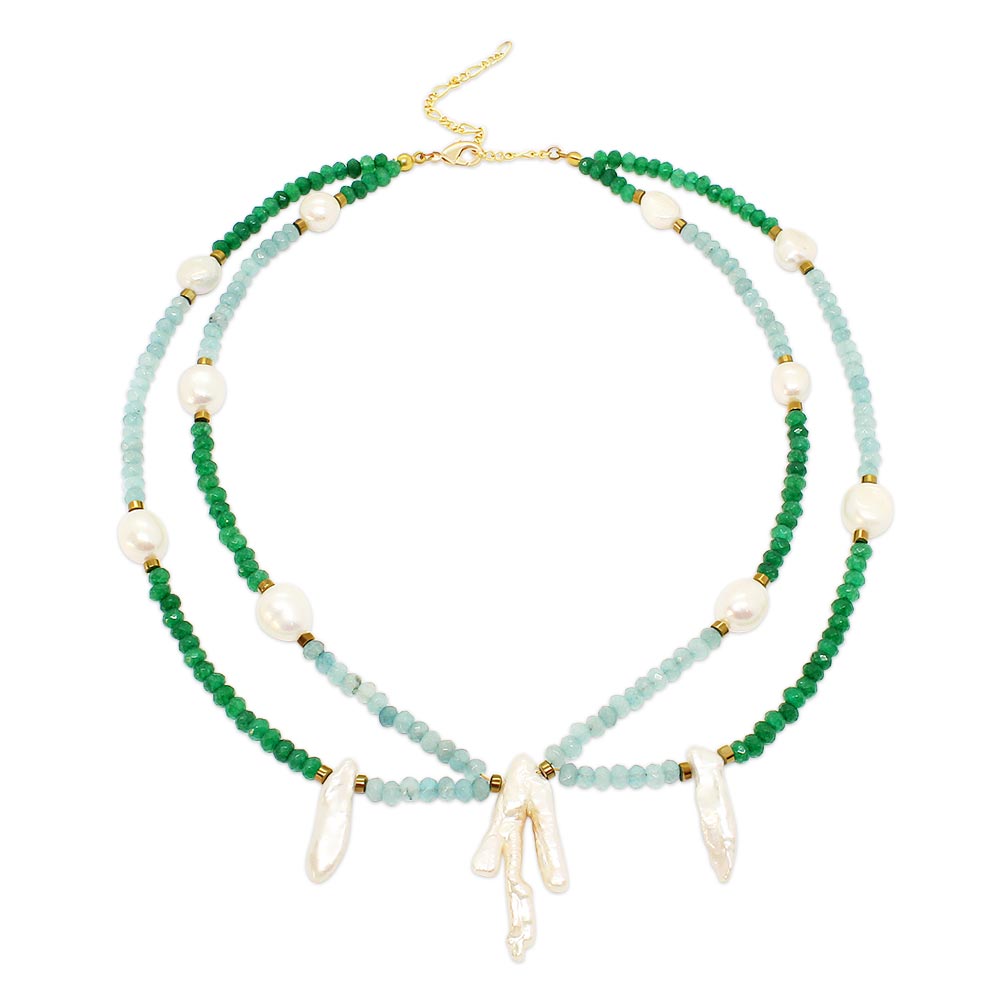 Halley colourful stone bead and freshwater pearl necklace in blue green with gold on white background