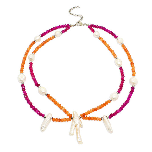Halley colourful stone bead and freshwater pearl necklace in orange fuschia with silver on white background
