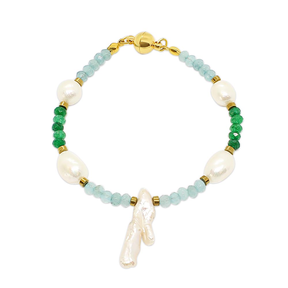 Halley multi coloured semi precious stone and pearl bracelet aquamarine and emerald with gold on white background