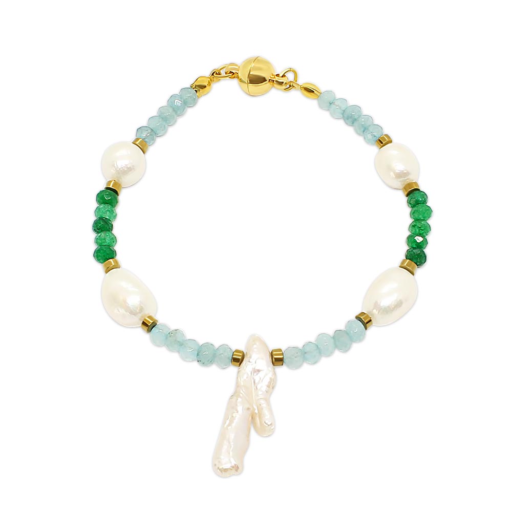 Halley multi coloured semi precious stone and pearl bracelet aquamarine and emerald with gold on white background