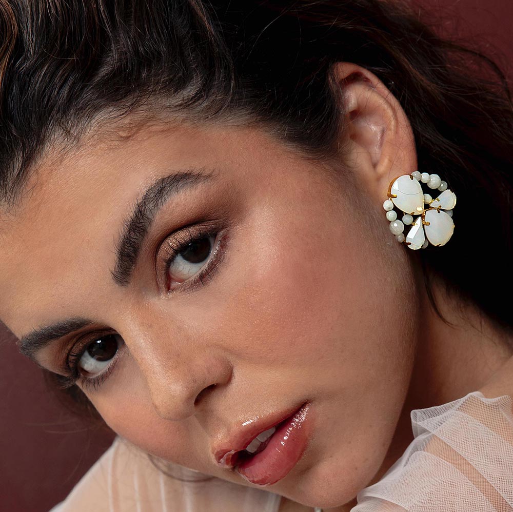 Imogen white opal crystal and stone cluster earrings head down left side