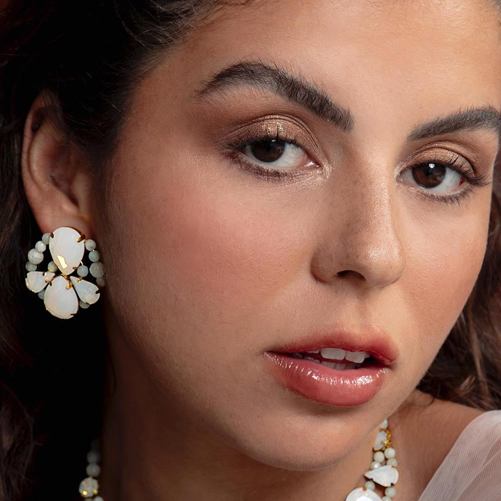 Imogen white opal crystal and stone cluster earrings right side