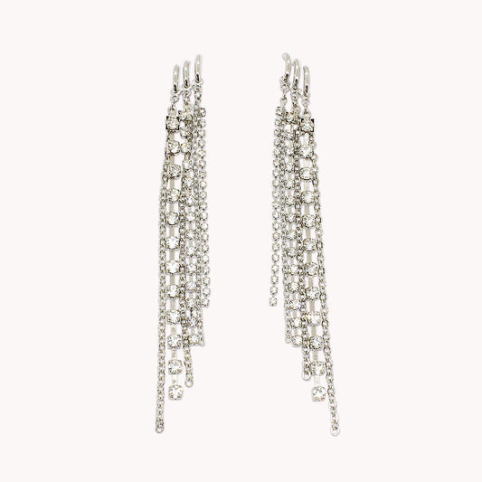 Keisha long rhinestone chain tassel earrings on white background