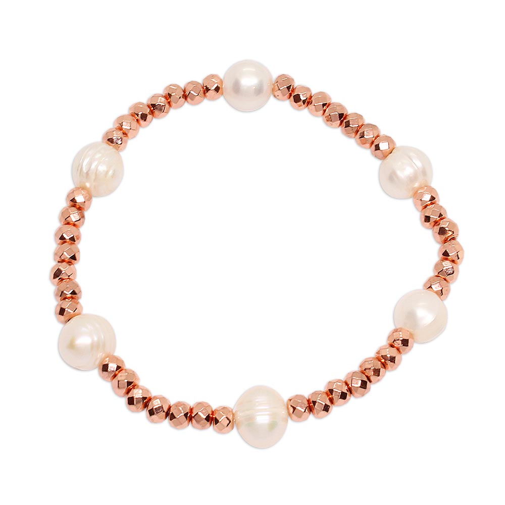 Tarni pearl and rose gold initial bracelet set single style two on white background