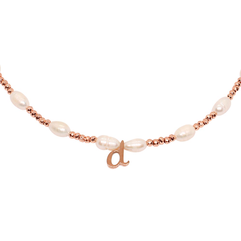 Tarni personalised rose gold and pearl initial necklace with letter d close up on white background