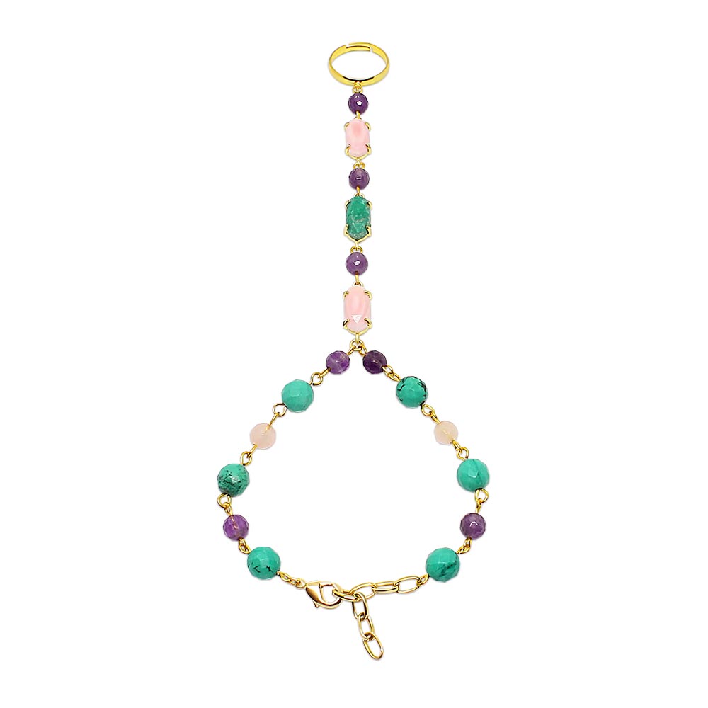 Wylda bohemian slave bracelet ring made with turquoise, amethyst, rose quartz and gold on white background