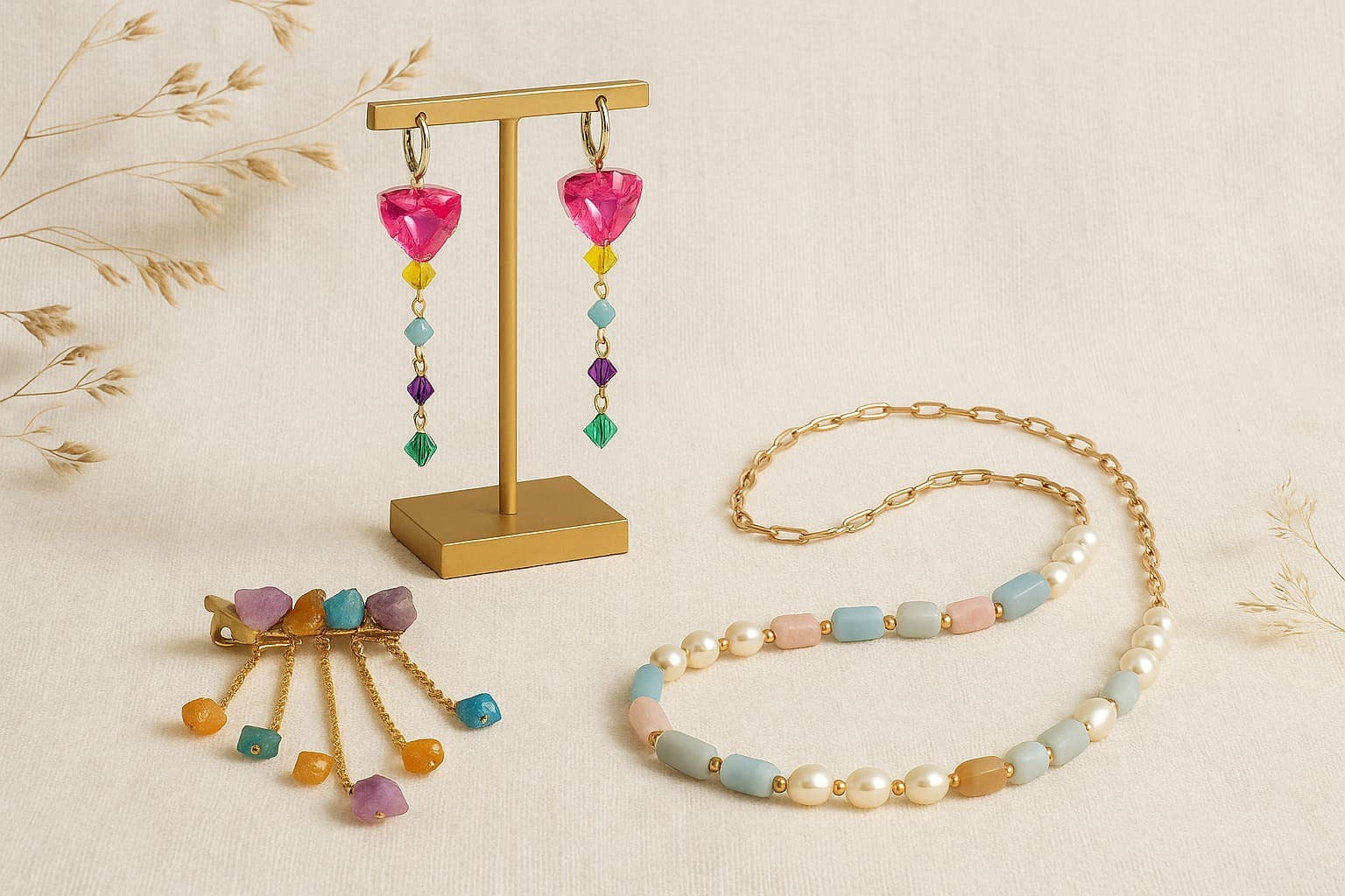Colorful beaded earrings, boho necklace and hair clip on a beige background