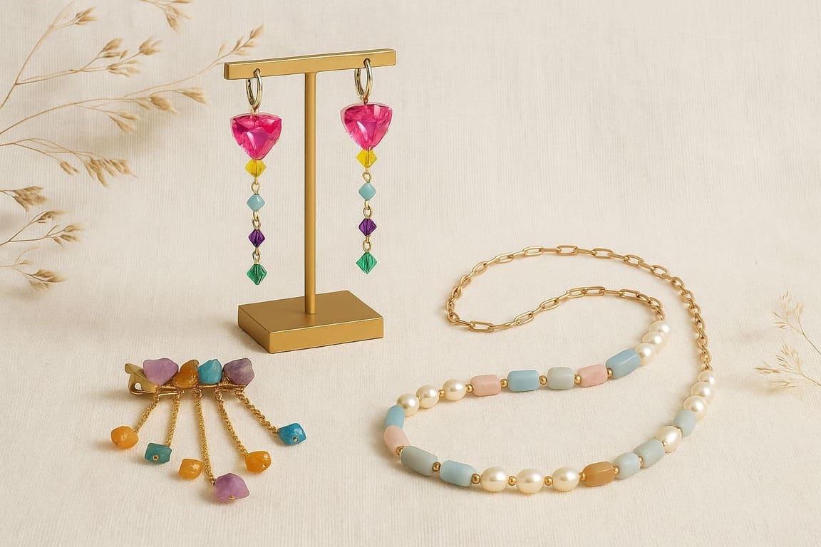 Colorful beaded earrings, boho necklace and hair clip on a beige background