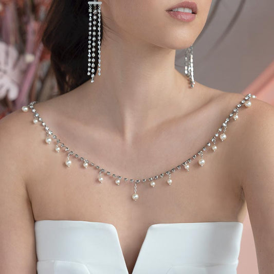 Alexi pearl necklace with strapless wedding dress close up front view