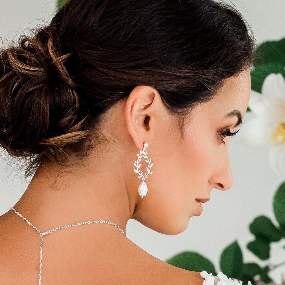 Silver Cassia Pearl Drop Bridal Earrings from far