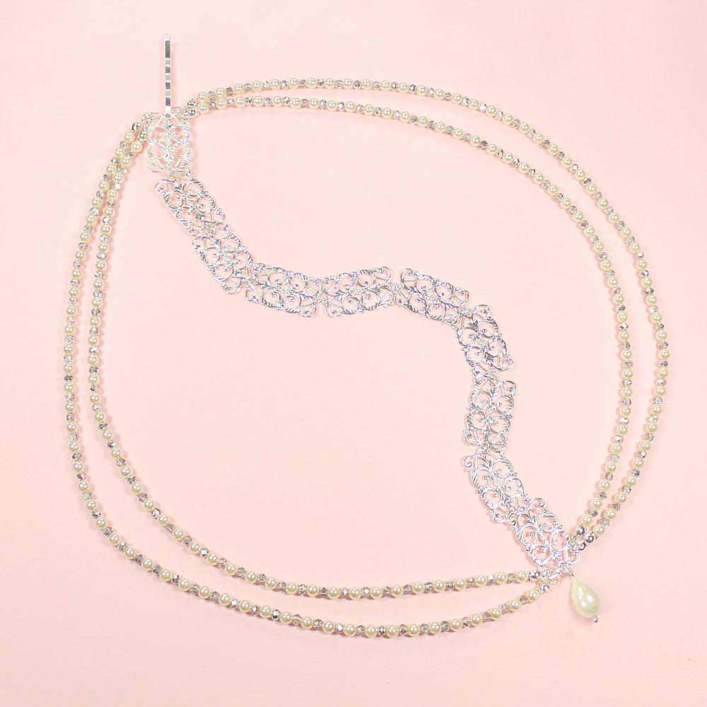 Silver Ember Boho Bridal Headpiece on pink
