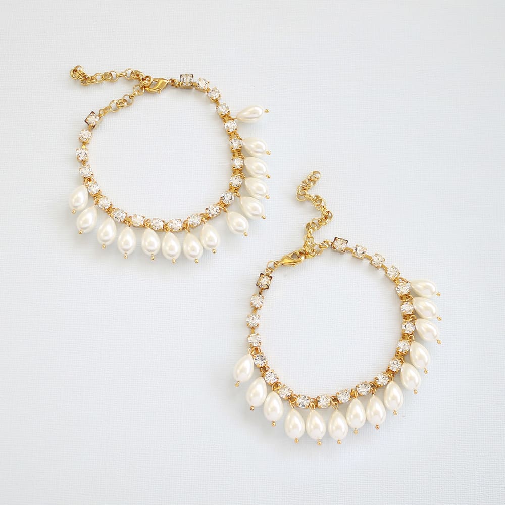 Khaleesi bridal pearl anklets gold with ivory pearls on blue background