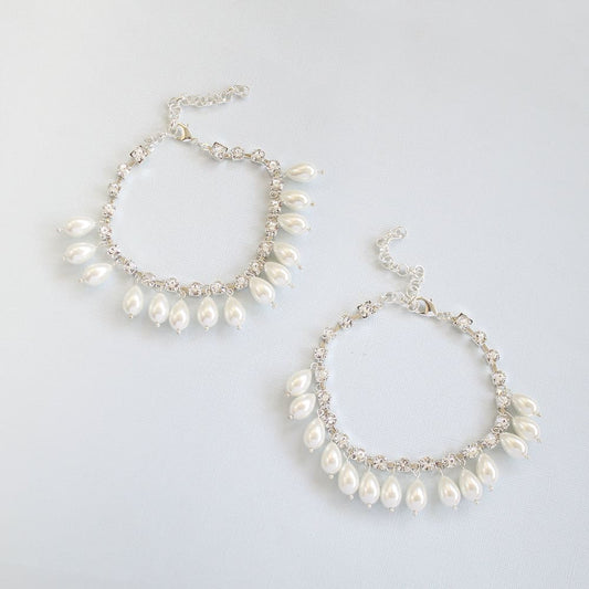 Khaleesi bridal pearl anklets silver with off white pearls on blue background