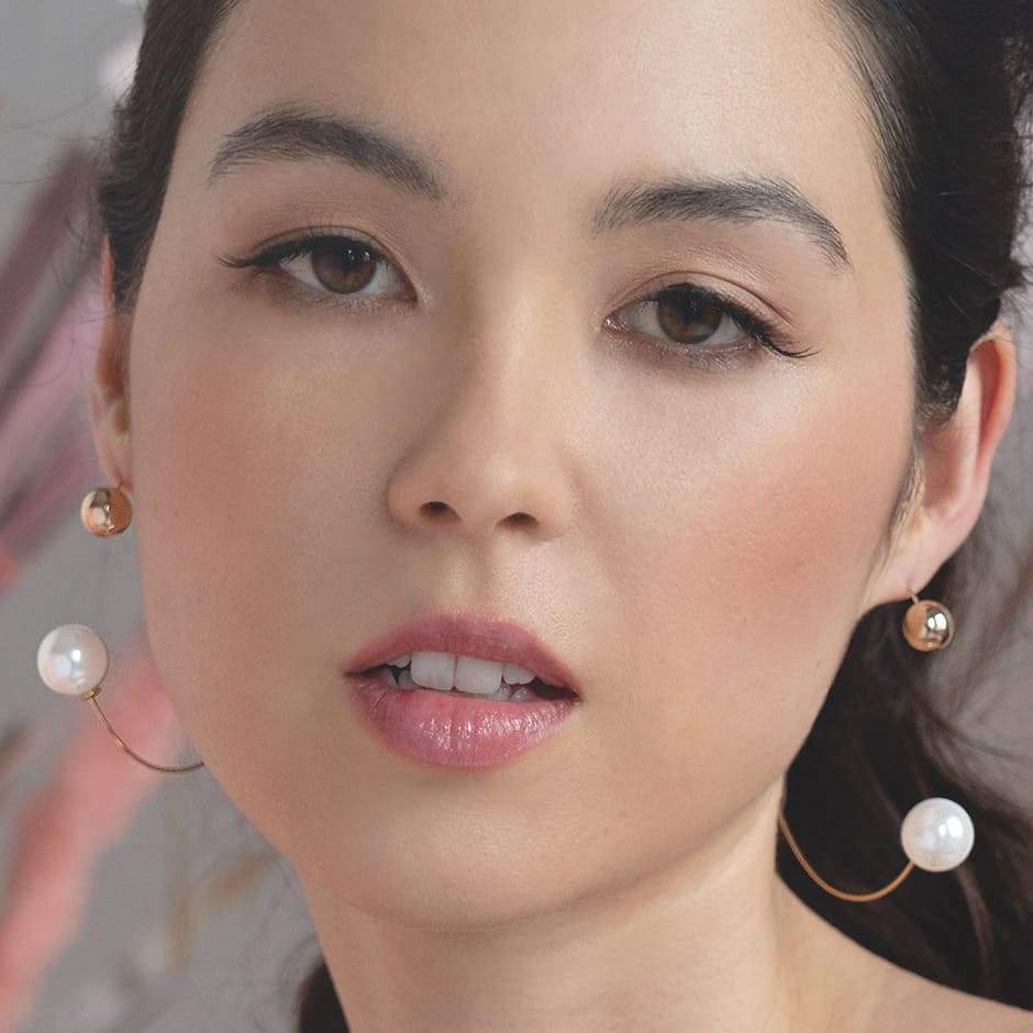 Rae Large Hoop and Pearl Ball Earrings from front