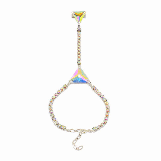 Avril iridescent crystal triangle bracelet ring on white background