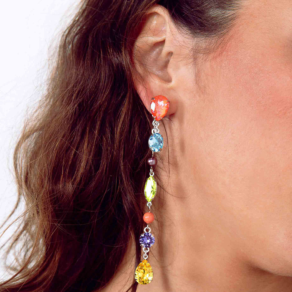 Freda colourful crystal asymmetrical earrings long side on right ear close up