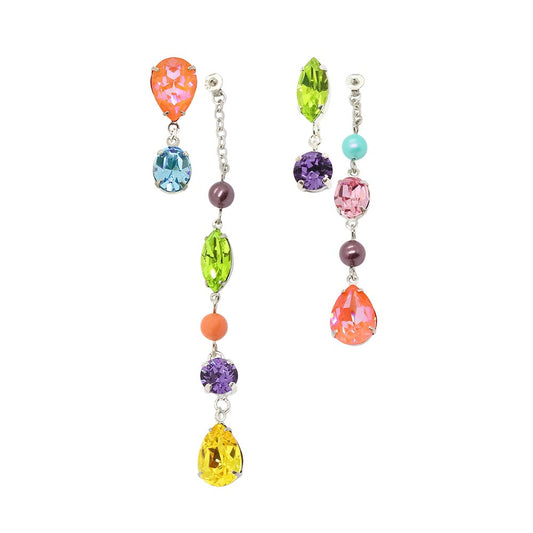 Freda colourful crystal asymmetrical earrings silver on white background