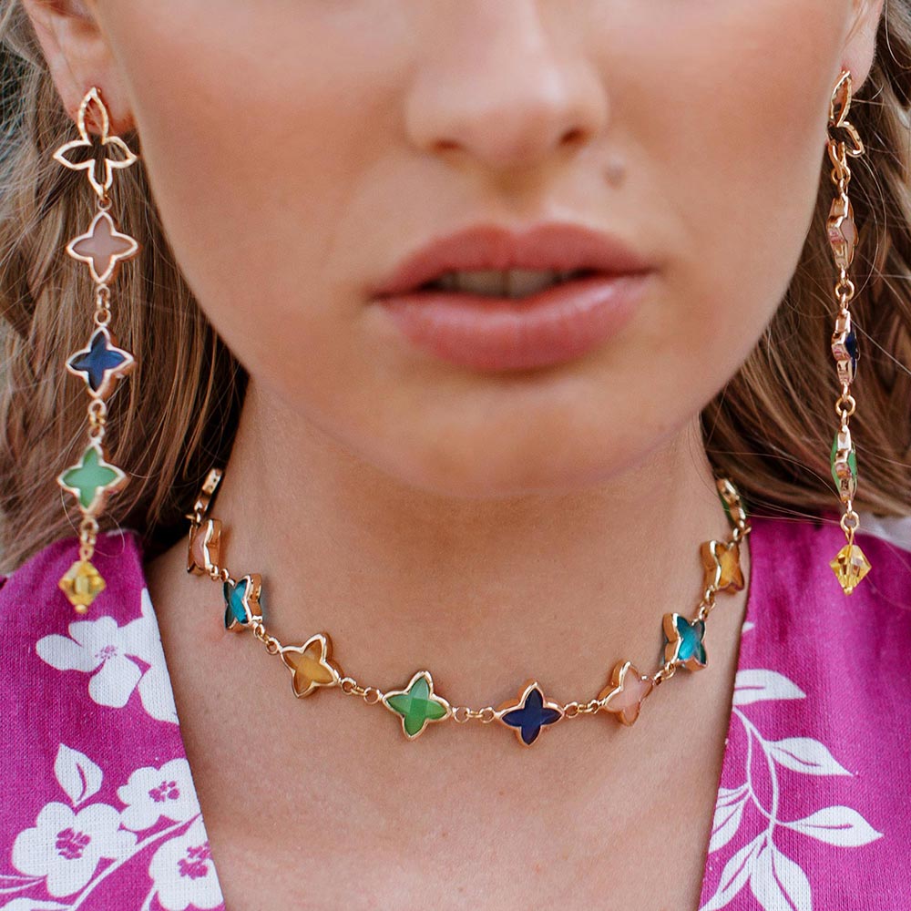 Ginni colourful clover glass flower necklace and earrings front view