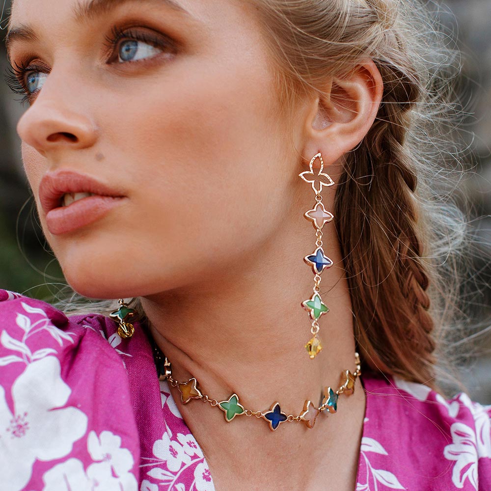 Ginni colourful clover glass flower necklace and earrings left side