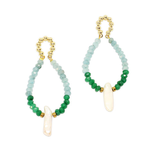 Halley colourful stone and pearl earrings emerald and aquamarine with gold on white background
