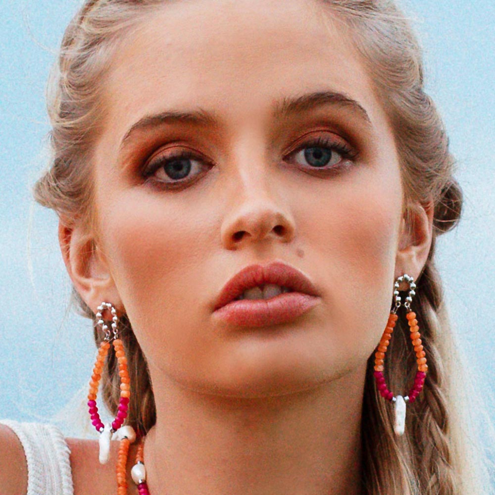 Halley colourful stone and pearl earrings orange and fuchsia with silver pair front view