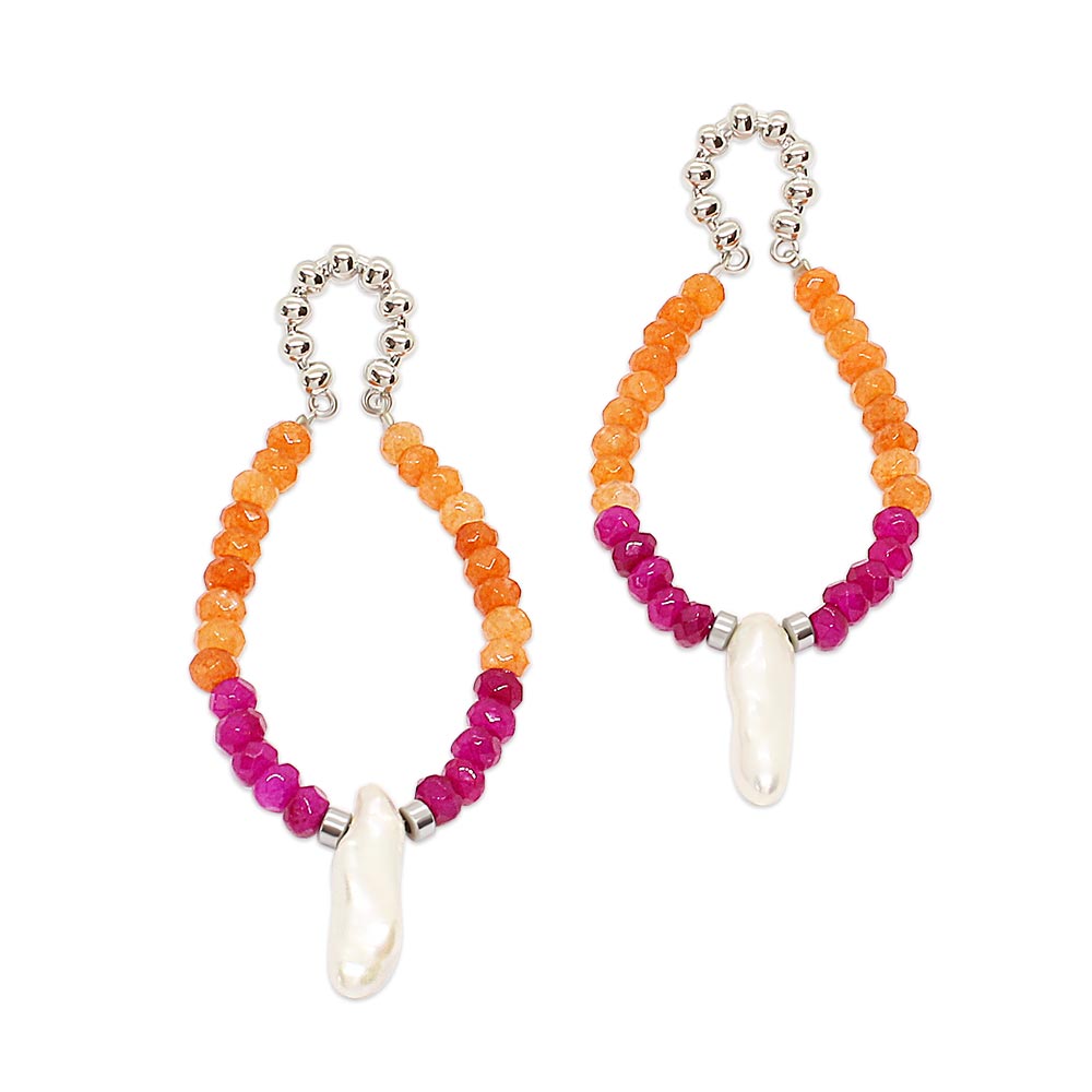 Halley colourful stone and pearl earrings orange and fuchsia with silver on white background