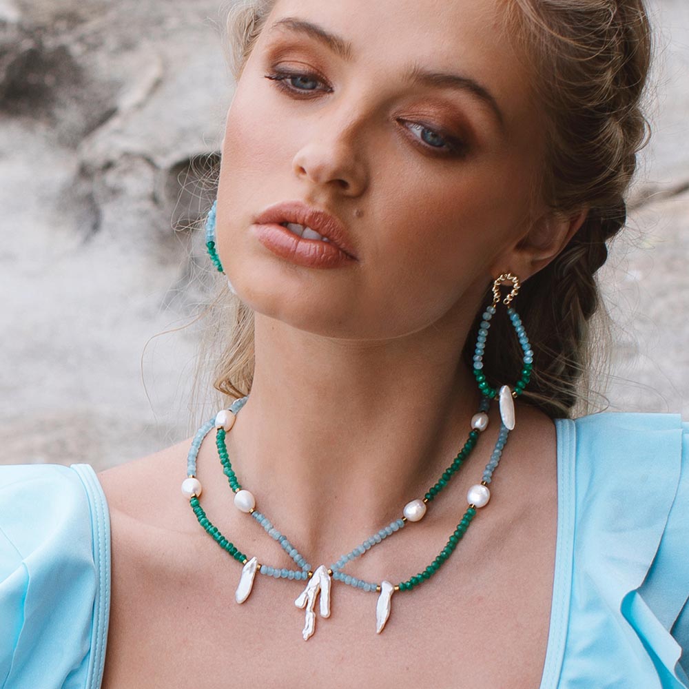 Halley colourful stone bead and freshwater pearl necklace and earrings in blue green with gold