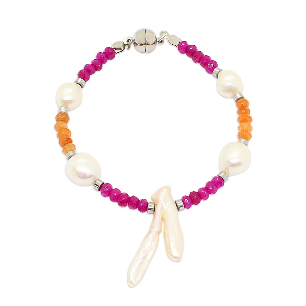 Halley multi coloured semi precious stone and pearl bracelet orange and fuchsia with silver on white background