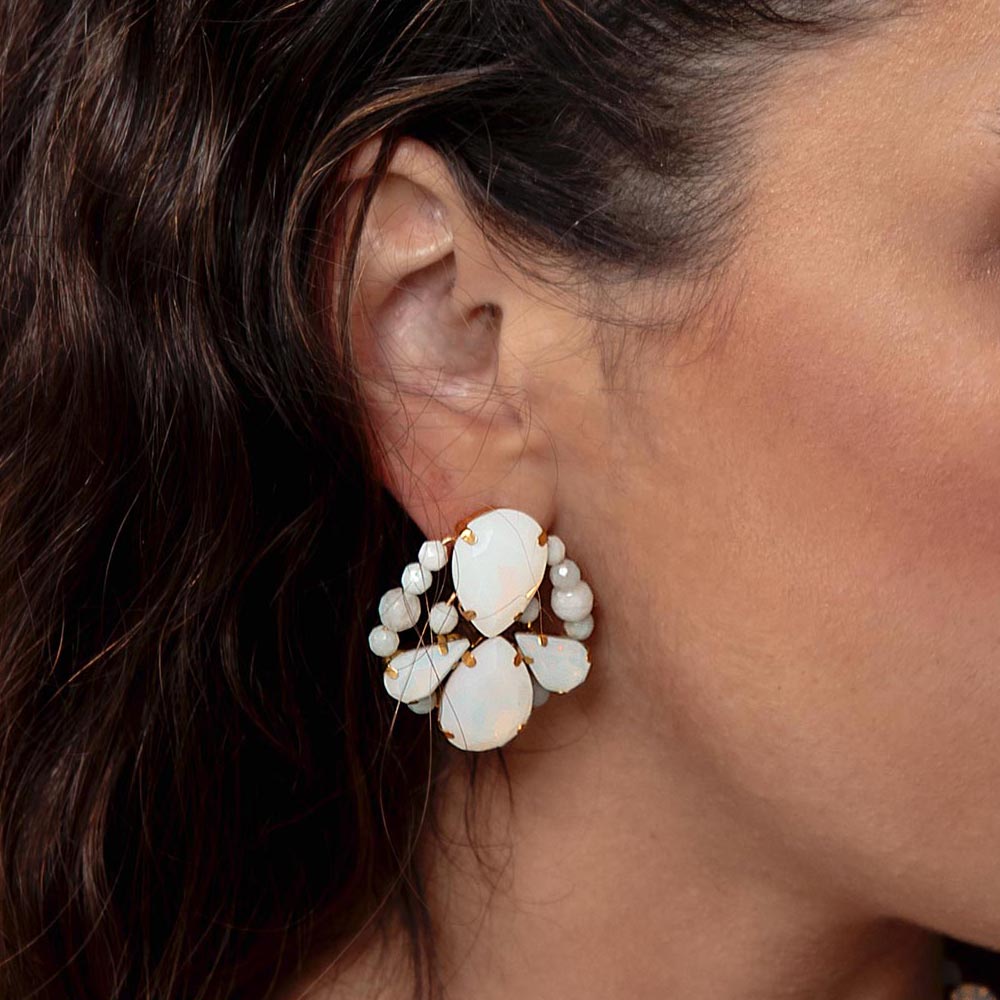 Imogen white opal crystal and stone cluster earrings right side close up