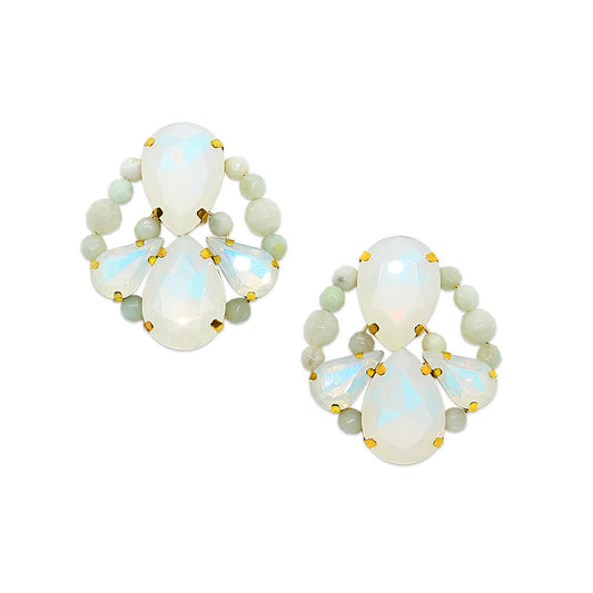 Imogen white opal crystal and stone cluster earrings on white background