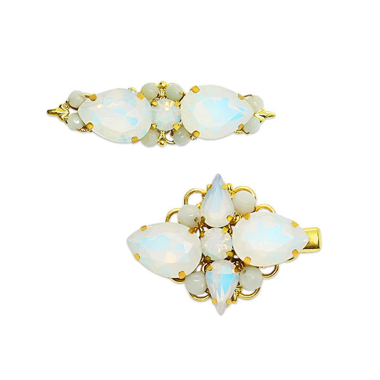 Imogen white opal gold wedding hair clips on white background
