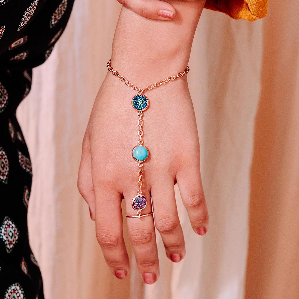 Jorja druzy ring bracelet chain rose gold multi-colour stones left hand behind back