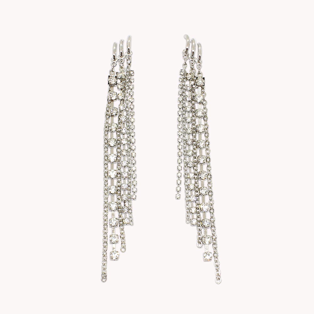 Keisha long rhinestone chain tassel earrings on white background
