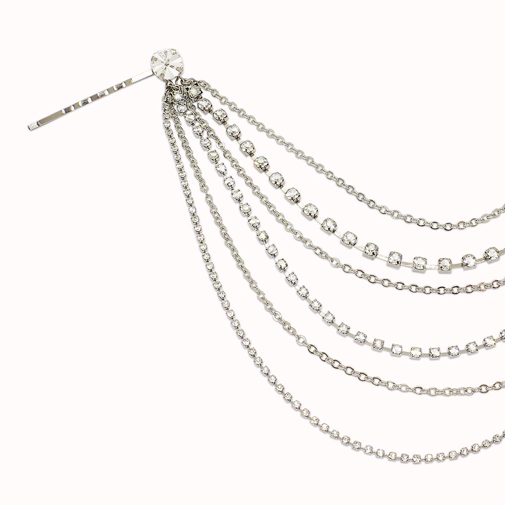 Keisha long rhinestone tassel hair clip close up on white background
