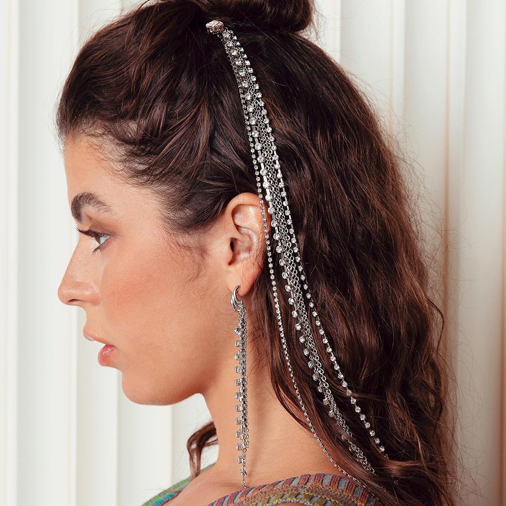 Keisha long rhinestone tassel hair clip down left side hair half up half down.