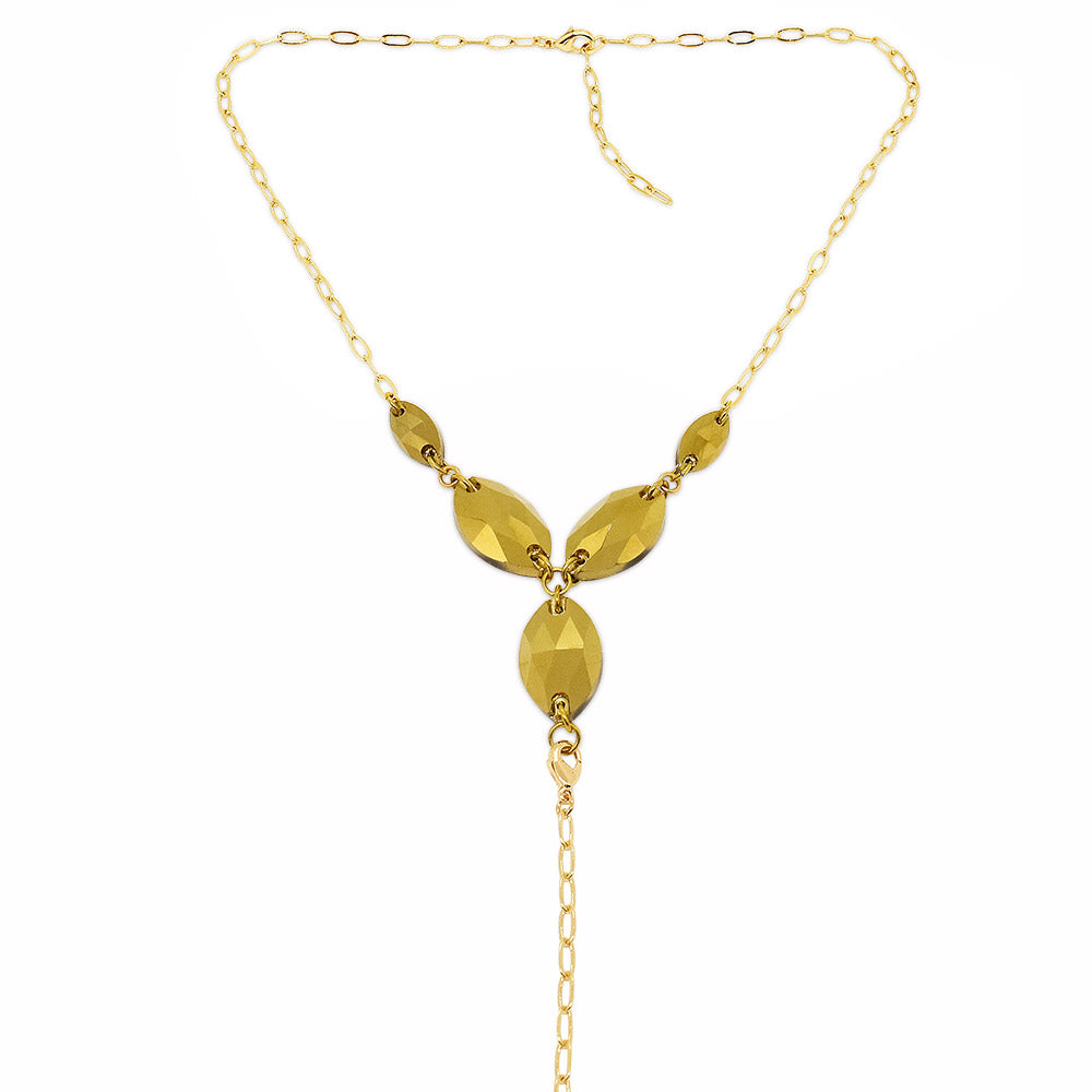 Kyra gold crystal body chain necklace on white background