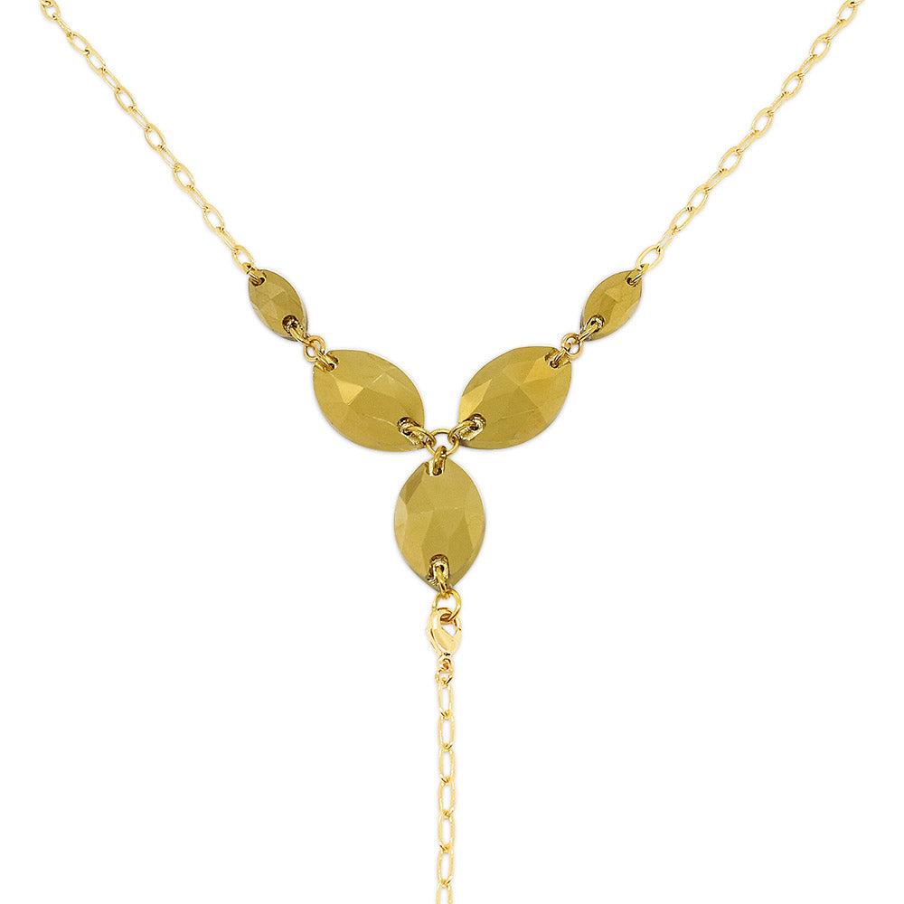 Kyra gold crystal body chain necklace crystal navette pendants close up on white background
