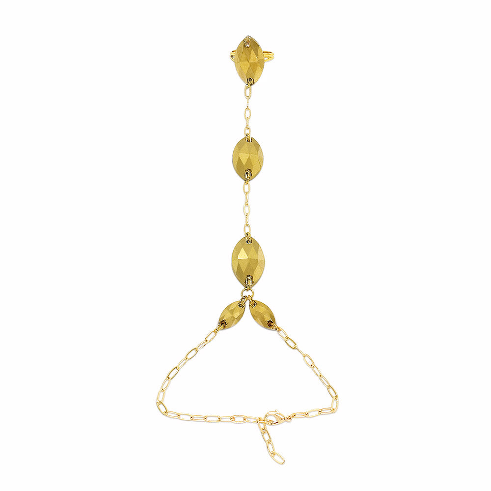 Gold bracelet with faceted beads on a white background